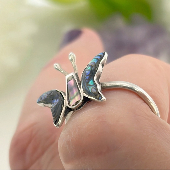 Vintage Sterling Silver 925 Southwest Abalone Butterfly Ring Size 5 6 7 7.5 - Picture 4 of 11